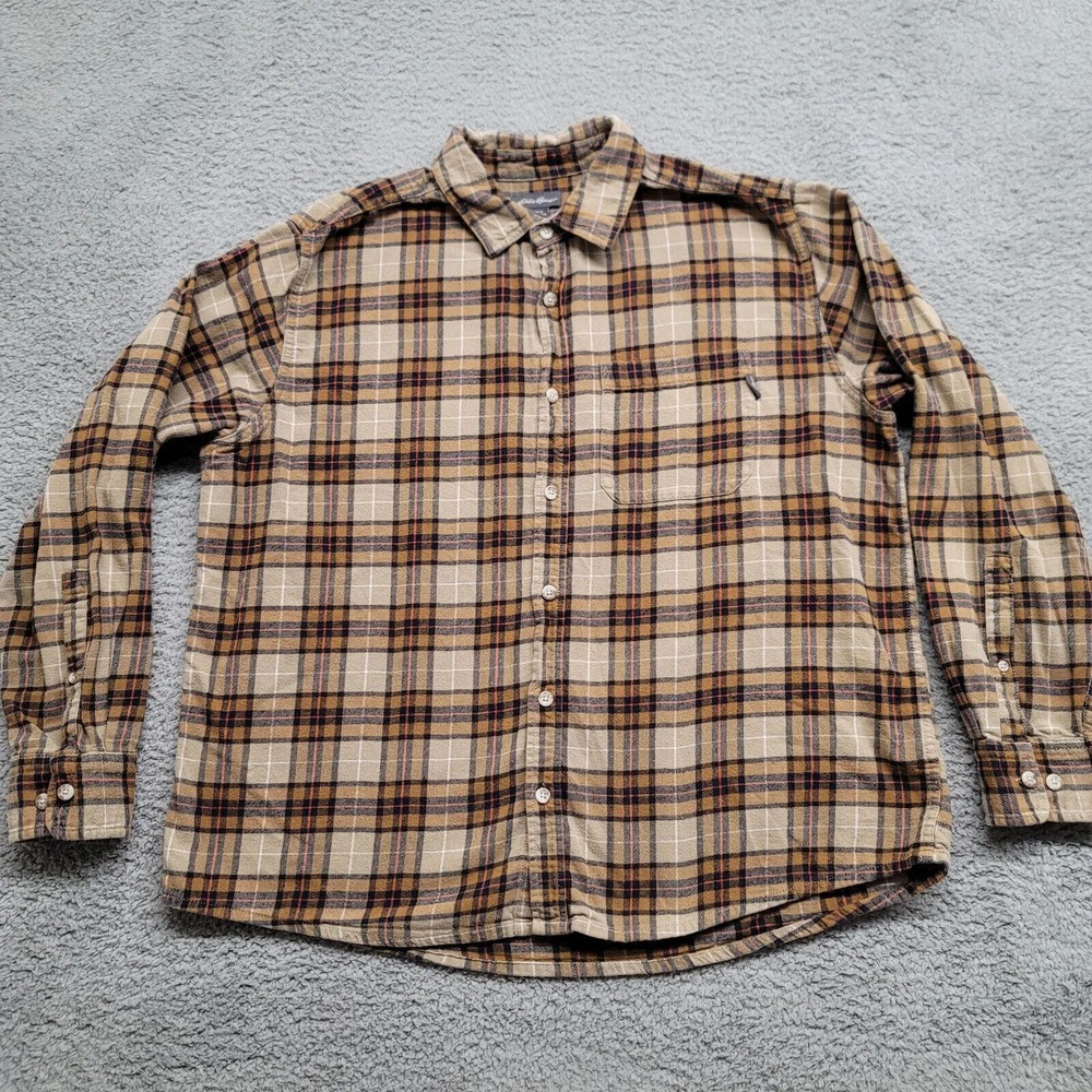 Eddie‎ Bauer Shirt Mens XL Tan Flannel Outdoors Medium Weight Casual Campcore